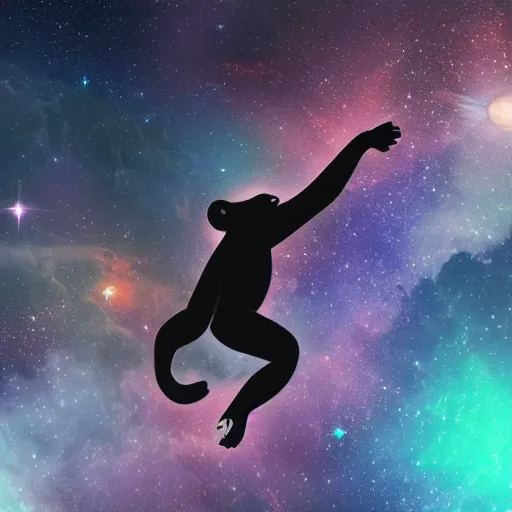 Image similar to a chimpanzee floating through outer space reaching out and touching nebula with it's finger, digital art, 8k