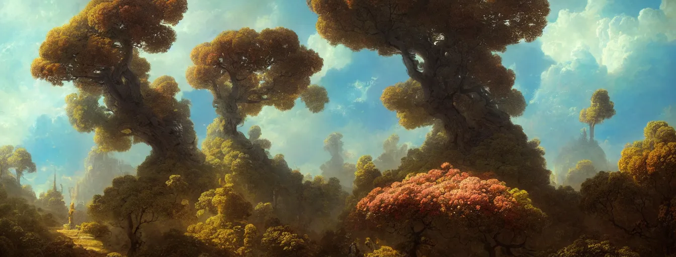 Prompt: a beautiful landscape painting of steampunk landscape by jean - honore fragonard and don bluth and makoto shinkai, a junk nebula in the sky, galaxies visible, giant trees and colourful flowers, light rays, trending on artstation, octane render