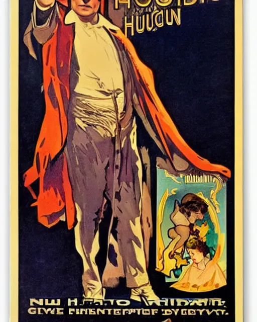 Image similar to of vintage poster of harry houdini by kerne erickson and alphonse mucha