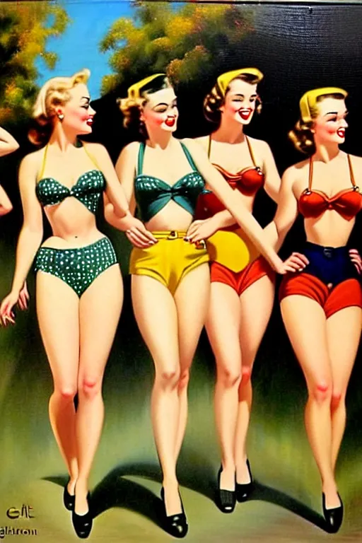 Image similar to 1940s group of pinup bikini girls walking around 1940s Adelaide, in Australia, oil painting, by Gil Elvgren