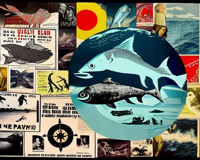 Image similar to footage of a theater stage, 1956 poster, cut out collage, La Nouvelle Vague, break of dawn on Neptun, epic theater, arctic fish, nautical maps, NY style grafitti, in style of Monthy Python, composition by Terry Gilliam, written by H.P. Lovecraft, lens flare