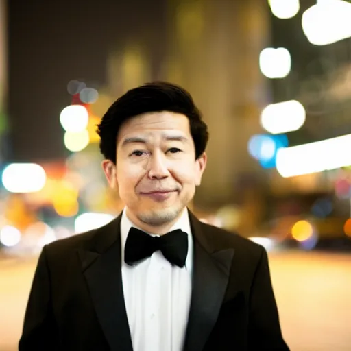 Image similar to night portrait of an adult asian man wearing a tuxedo in the streets of akihabara, depth of field bokeh