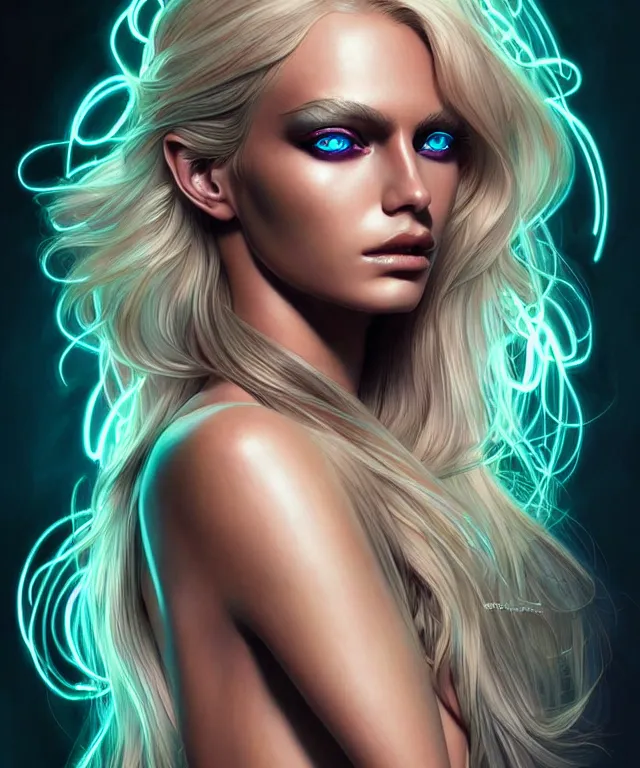 Image similar to Supermodel woman turning into an Android portrait, dark surrealism , scifi, intricate, elegant, sharp eyebrows, ornate long flowing blonde hair, highly detailed cybernetic body, neon glowing eyes, digital painting, artstation, concept art, smooth, sharp focus, illustration, art by artgerm and moebius and alphonse mucha