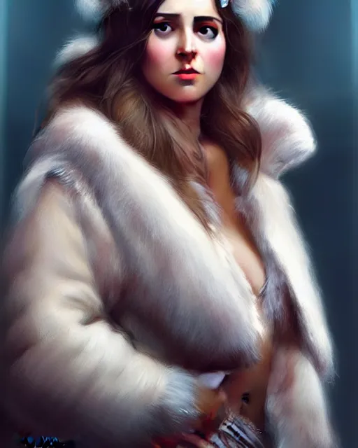 Prompt: a beautiful siberian girl with bear fur coat with decollete and bra | | winter, realistic shaded, unpleasant face, good looking, fine details, realistic shaded lighting poster by greg rutkowski, magali villeneuve, artgerm, jeremy lipkin and michael garmash and rob rey