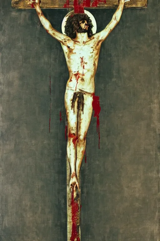 Image similar to bloody jesus christ crucified painted by cy twombly and andy warhol