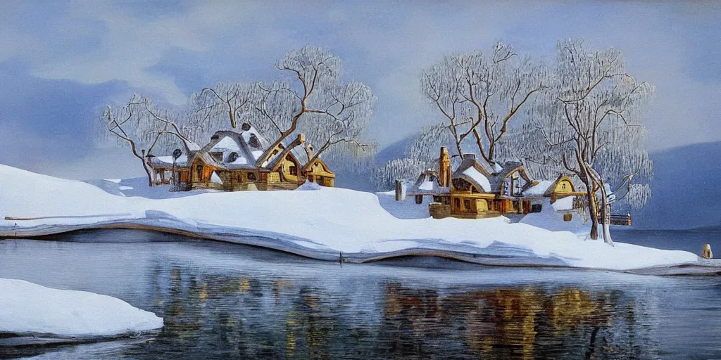 Prompt: an oil painting of a lakehouse in the winter painted by salvador dali, high detail,