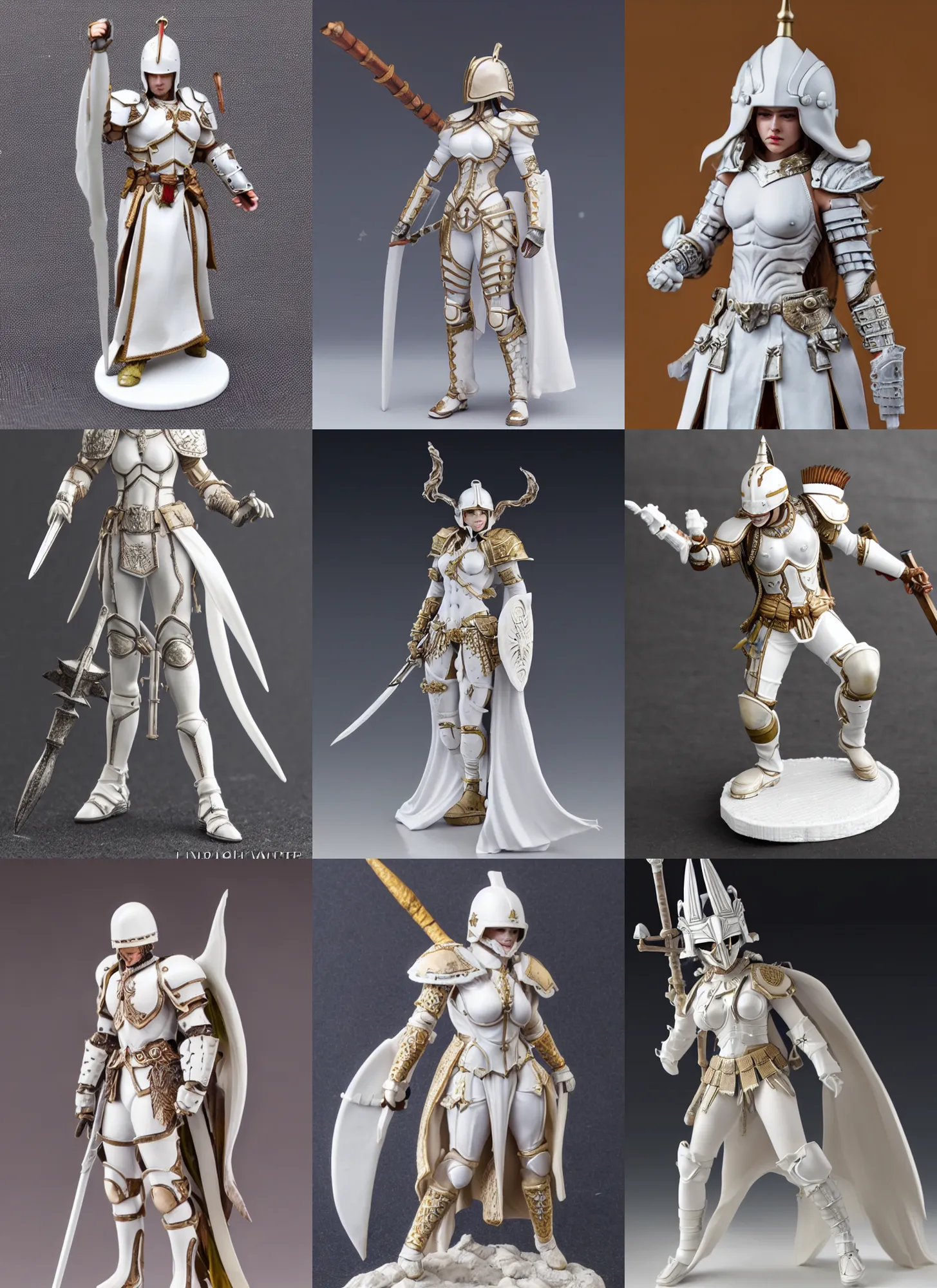 Prompt: 80mm resin detailed miniature of a Queen of war, white armor, iron mask and helmet, Very long white cloak, Very muscular, abdomen, olive skin, on textured base; Miniature product Introduction Photos, 4K, Full body; Front view