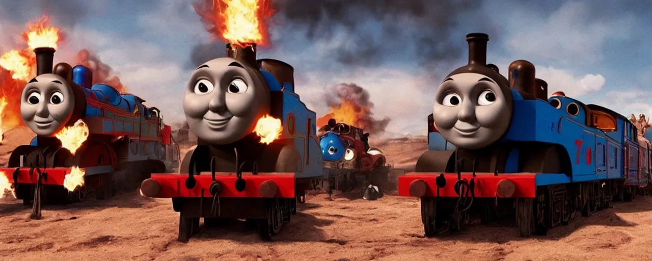 Image similar to Thomas the Tank Engine with fire in MAD MAX: FURY ROAD