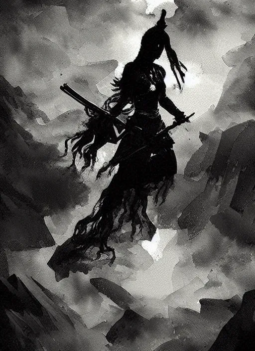 Image similar to marana slavic goddess with ak - 4 7 in arms in traditional slavic clothes : by anato finnstark kvlt by peder balke by peder balke by greg rutkowski, mystic high contrast monochromatic noir