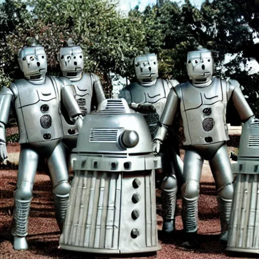 Prompt: the cybermen from dr who are having a picnic with a dalek. hyperreal