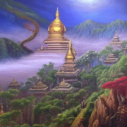 Image similar to a beautiful and highly detailed oil painting of an nepali temple in the kathmandu valley, detailed high buildings and rockets, forgotten valley, swirling mist, lush forests, intricate details, epic scale, insanely complex, 8 k, sharp focus, hyper realism, fantasy landscape, psychedelic, by caspar friedrich,