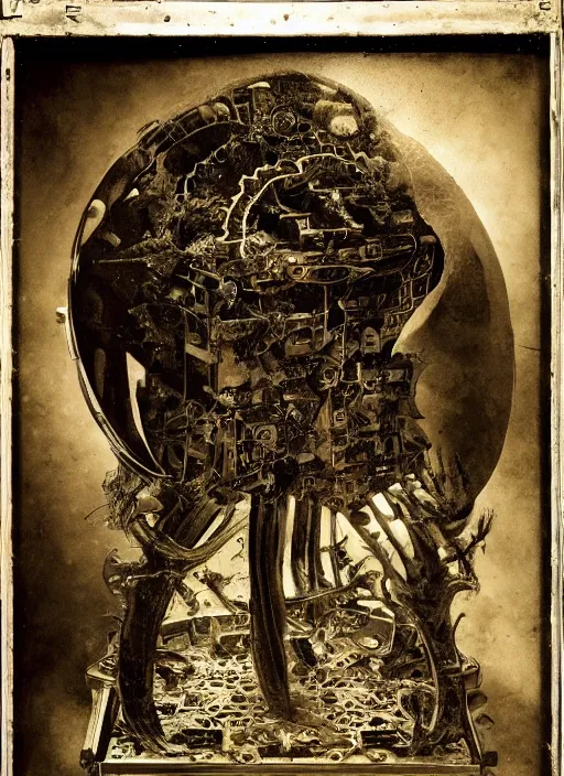 Image similar to old wetplate daguerreotype birth of a cyborg in times of eternal summoning, fractal, intricate, elegant, highly detailed, parallax, leica, medium format, subsurface scattering, by jheronimus bosch and greg rutkowski and louis jacques mande daguerre