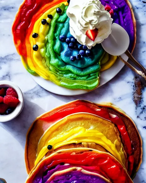 Image similar to realistic photo of delicious rainbow pancakes with fruits, whipped cream, white kitchen table, cloth, marble, highly detailed, by louise lister, sara ali, mary devinat, kailee mandel, sharp focus!!, masterpiece, award winning, elegant, instagram, high quality food photography