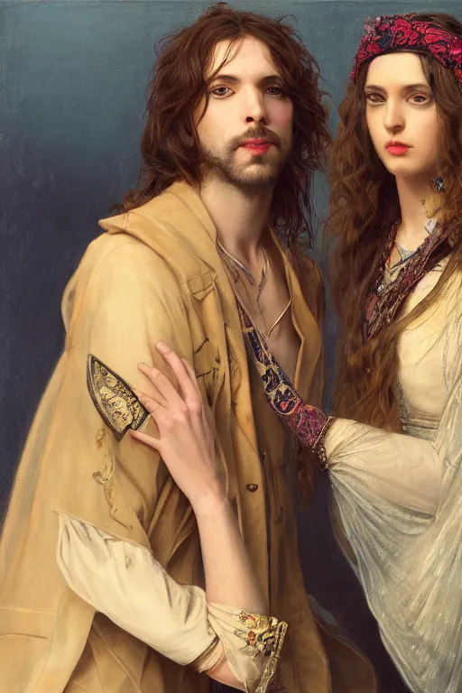 Image similar to a portrait of handsome young male rock star with long hair and his elegant beautiful bohemian wife, bored, illustration, dramatic lighting, soft details, painting oil on canvas, art nouveau, octane render, HDR, 4k, 8k, HD, by Edmund Blair Leighton, Brom, Charlie Bowater, trending on artstation, faces by Tom Bagshaw, Sargent