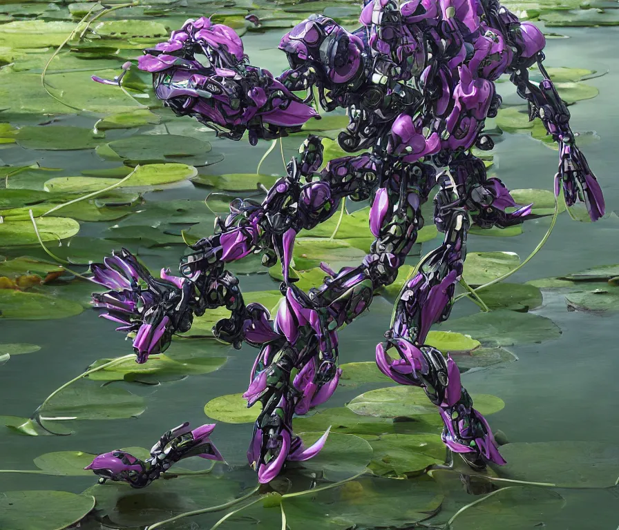 Prompt: amphibious waterlily mobile suit whose top half is a nymphaea flower with petals being robotic limbs stepping out of a pond holding a sci - fi weapon, waterlily pads, biomechanical, hyperdetailed, sci - fi backgrounds, bandai box art, behance hd artstation. # power armor # pistia # waterlily # nymphaea