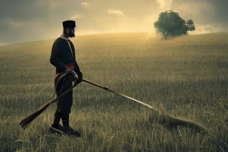 Image similar to concept art, a stage, man with scythe, mowing of the hay, traditional romanian clothing, dramatic lighting, beautiful, volumetric lighting, colorful, octane render