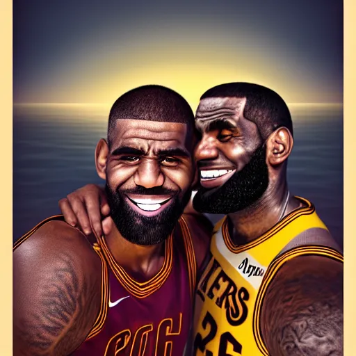 Image similar to beautiful serene intricate portrait of kyrie irving and lebron james taking a selfie, smiling softly, relaxing on the beach, golden hour, soft focus, 8 k, art by irakli nadar, hyperrealism, hyperdetailed, ultra realistic