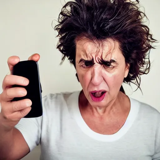 Prompt: astonished middle aged lady looking at smartphone angrily, wild hair, greek ethnicity, slick hair, angry eyes,