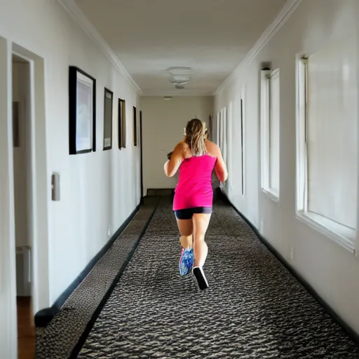 Image similar to a woman running down the hallway of her home, looking behind her