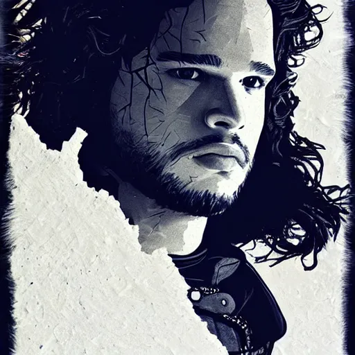 Image similar to a portrait of of jon snow constructed from snow, collage, drop shadow, organic, layered composition, layers, texture, mcu, petals, highly textured, layered, sculpted, dynamic,