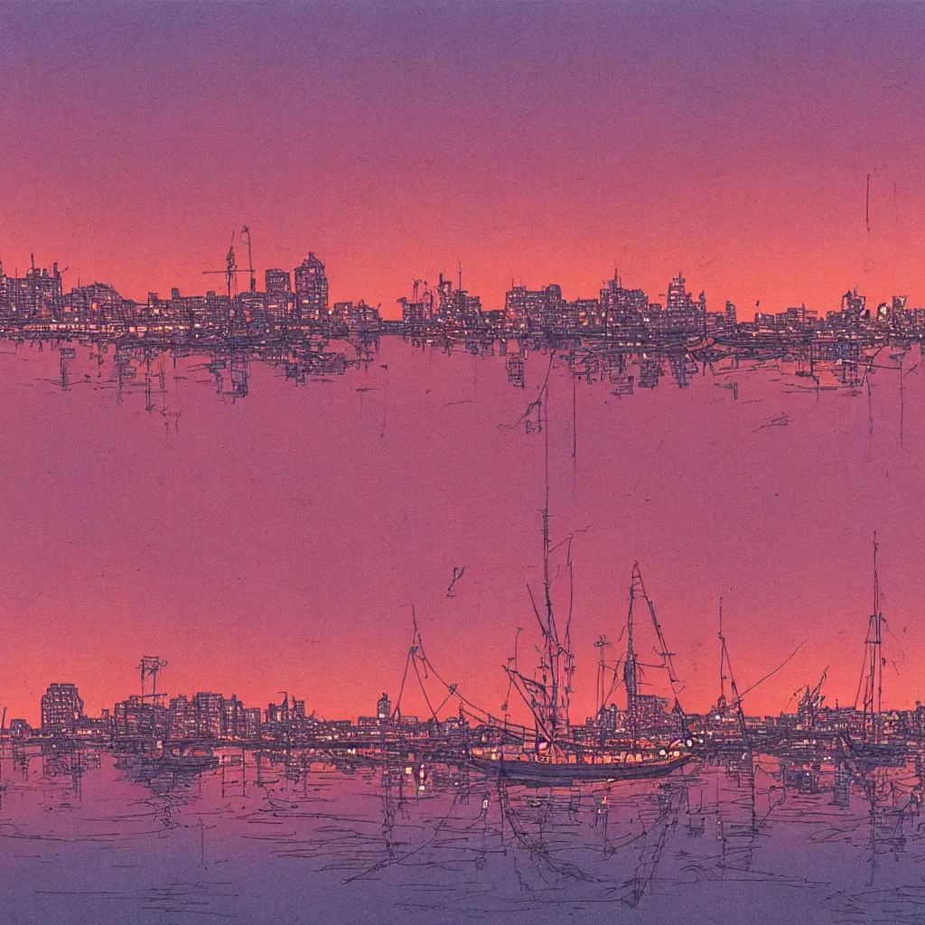 Prompt: the city lights were bright pink and orange and shone overhead. the harbour looked beautiful the sun reflecting off of the water and the neon lights of the city gave of a warm feeling, a fishing boat in first plan, by moebius