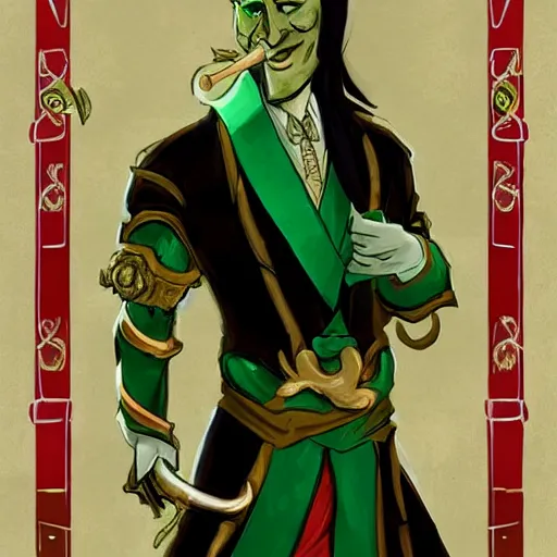 Image similar to male yuan - ti, elegant, bard, d & d, butler, monocle, green eye, fantasy, portrait