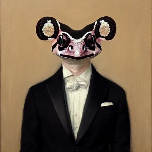 Prompt: portrait of mr. amazon milk frog looking off camera wearing a black suit jacket, tan vest, and white ascot, an american romanticism painting, a portrait painting, cgsociety, soft focus, oil on canvas