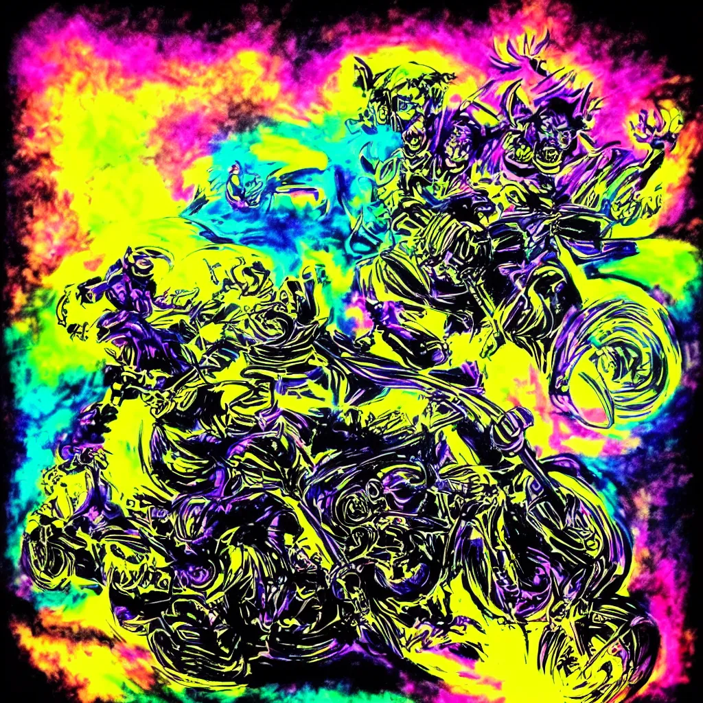 Prompt: psychedelic blacklight airbrush artwork, hyper stylized action shot of an orc biker riding a motorcycle, airbrushed on a black background