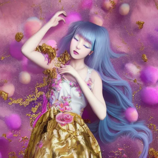 Prompt: 8 k, octane render, realism, tonalism, renaissance, rococo, baroque, portrait of a young - lady wearing long - harajuku manga - dress with flowers and skulls, cotton candy!! ( background chaotic gold leaf flowers )