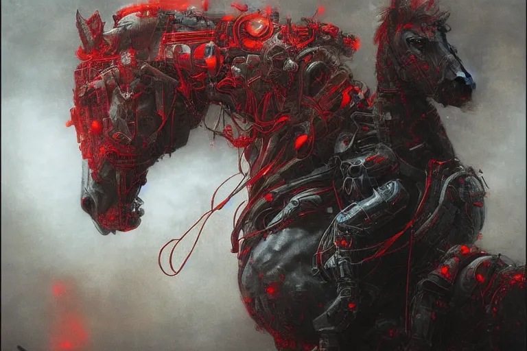 Image similar to a white cyberpunk horses with human heads, in the style of beksinski, intricate and epic composition, red by caravaggio, insanely quality, highly detailed, masterpiece, red light, artstation, 4 k