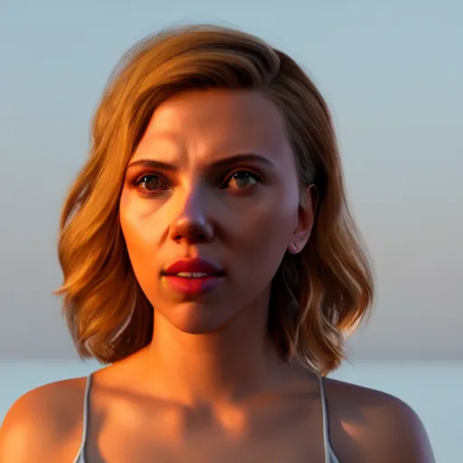 Prompt: 3d Render of a scarlett johansson full round face, short smile, cute sundress, golden hour, serene beach setting, medium shot, mid-shot, highly detailed, trending on Artstation, Unreal Engine 4k