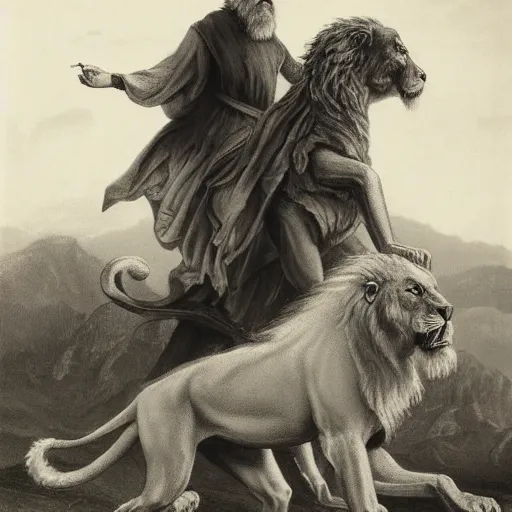 Image similar to old man ( wise long white beard wearing a hooded tunic ) riding on lions back