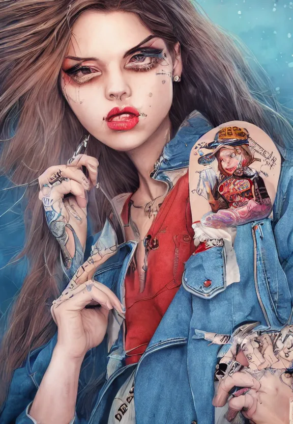 Prompt: full body illustration of a girl with eyes that burn like cigarettes wearing a denim mini skirt and a long jacket with fingernails that shine like justice, dramatic lighting, photorealistic, full body portrait, detailed anatomy, extreme detail, 4 k, colorful, confident, artgerm and ben lo and mucha, octane render, detailed face, f / 2. 8