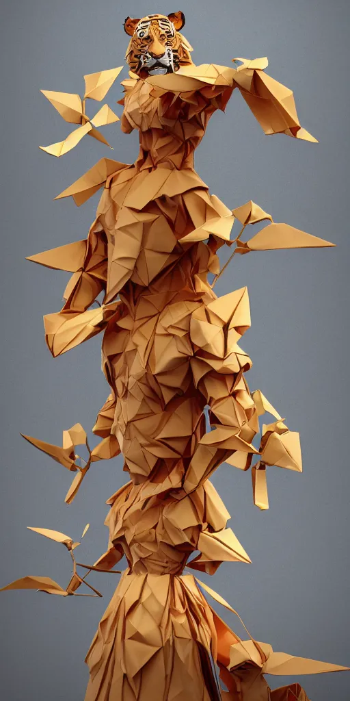 Prompt: <https://s.mj.run/fYu46ryI1Y0> a metropolis made out of origami paper, anthropomorphic tiger woman wearing a flowing tiffany-colored dress, paper origami, many origami sakura flowers, heavenly light, 3D, very detailed, octane render, trending ArtStation, artgem
