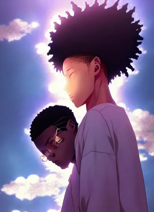 Prompt: shy hip hop young black man looking down only, anime style, scenery wallpaper aesthetic, pastel colors, symmetrical face, cinematic, dramatic, super detailed and intricate, hyper realistic, 4 k render, by artgerm, by kyoung hwan kim, by ralph mcquarrie, by yoshiyuki tomino