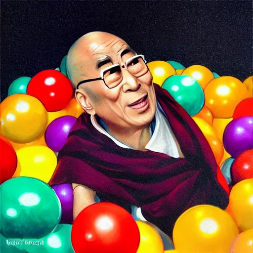 Prompt: dalai lama in a ball pit, D&D, fantasy, cinematic lighting, highly detailed, digital painting, artstation, concept art, smooth, sharp focus, illustration, warm light, cozy warm tint, magic the gathering artwork, volumetric lighting, 8k, no gold, no gold colours, art by Akihiko Yoshida, Greg Rutkowski