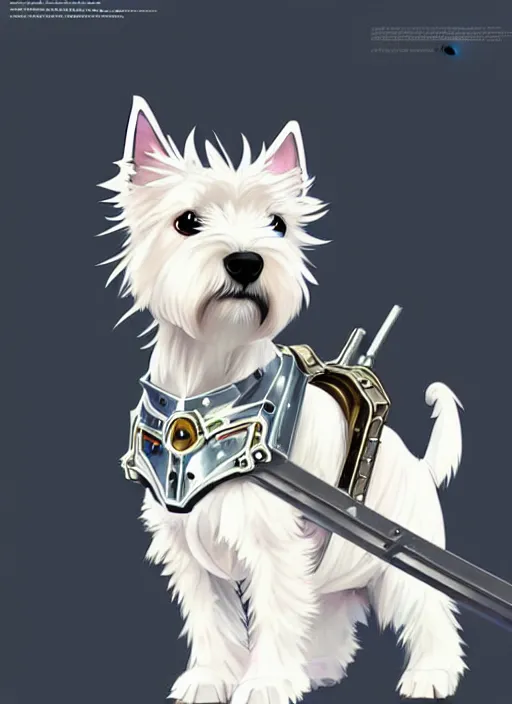 Image similar to a west highland white terrier, anime art style, wearing futuristic, led - lit armor, and a cannon mounted on his back, portrait, high detail, sharp focus, digital painting, artstation, concept art, art by hayao miyazaki and artgerm and greg rutkowski and alphonse mucha.