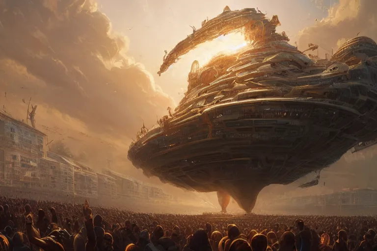 Image similar to detailed intricate digital illustration by greg rutkowski and artgerm and wlop and sanford robinson gifford ; colossal mothership vessel of immeasurable size arriving in our atmosphere, perspective of crowd of people on the ground looking up ; 1 3 mm film, wide angle ; golden hour, lens flare, trending on artstation 8 k