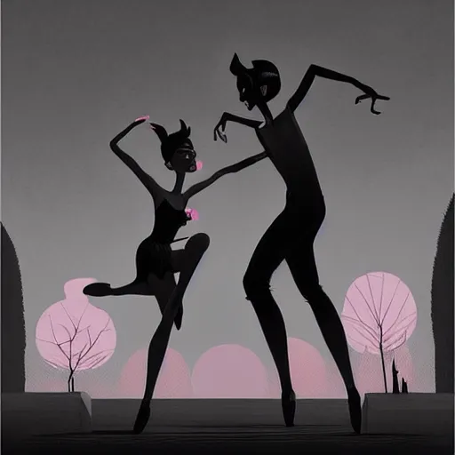 Image similar to a beautiful highly detailed matte painting of black devil ballerinas dancing on stage by atay ghailan, cliff chiang, loish and goro fujita, black, white and pink mystical tones, featured on artstation, featured on behance, grunge aesthetic, spooky