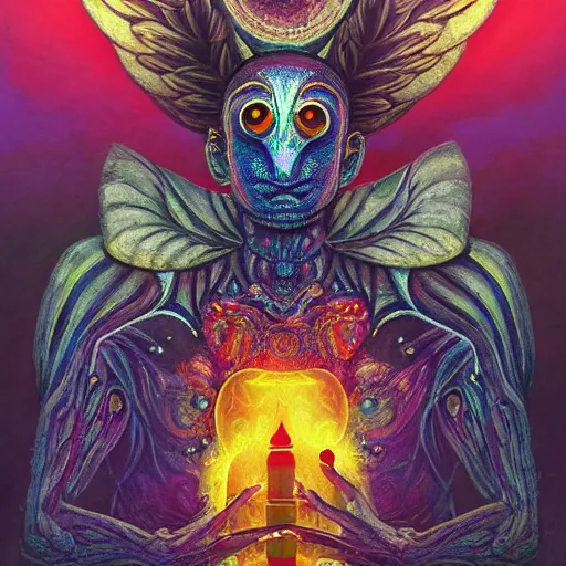 Image similar to A centered chest up portrait of a psychedelic godlike mothman with giant mandala wings smoking a hand-rolled cigarette smoking heavily , magic mushroom village in background , award winning. superb resolution. in the art style of junji Ito and greg rutkowski . Detailed Mushroom city in background. Hyper realistic anime. Perfect art. Dalle2