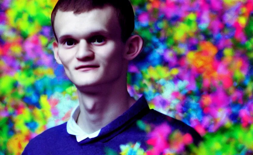 Prompt: a dreamy retro 8 0 s photo of vitalik buterin, bloomy, colorful, awesome, by dave mckean