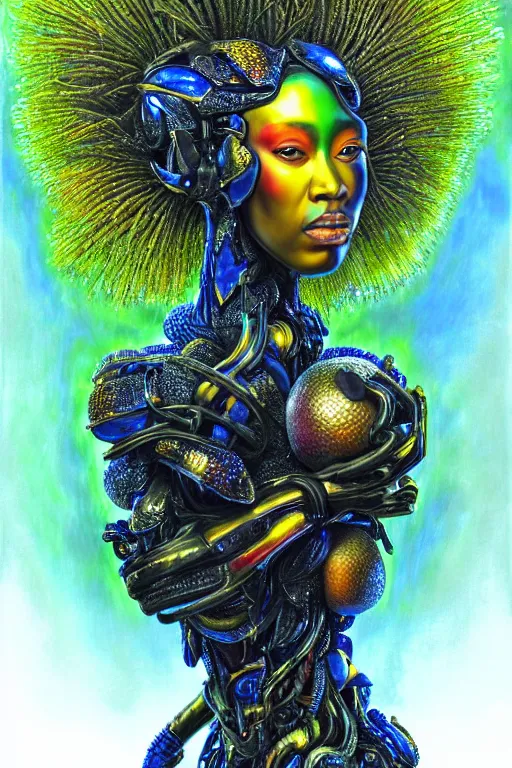 Image similar to hyperrealistic maximalist super expressive! black woman with exoskeleton armor, merging with tree in a forest, highly detailed concept art masterpiece smooth cam de leon hannah yata dramatic pearlescent blue yellow light ground angle hd 8k sharp focus