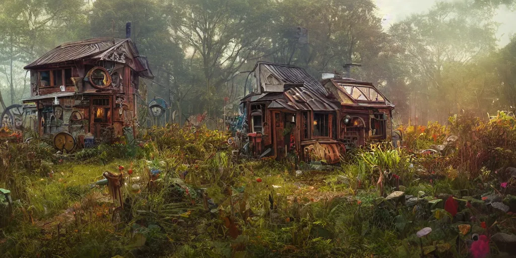 Prompt: steampunk wooden shack, overgrown, colorful, contrast, depth of field, 3 d scene, render, greg rutkowski, zabrocki, karlkka, jayison devadas, trending on artstation, 8 k, ultra wide angle, zenith view, pincushion lens effect