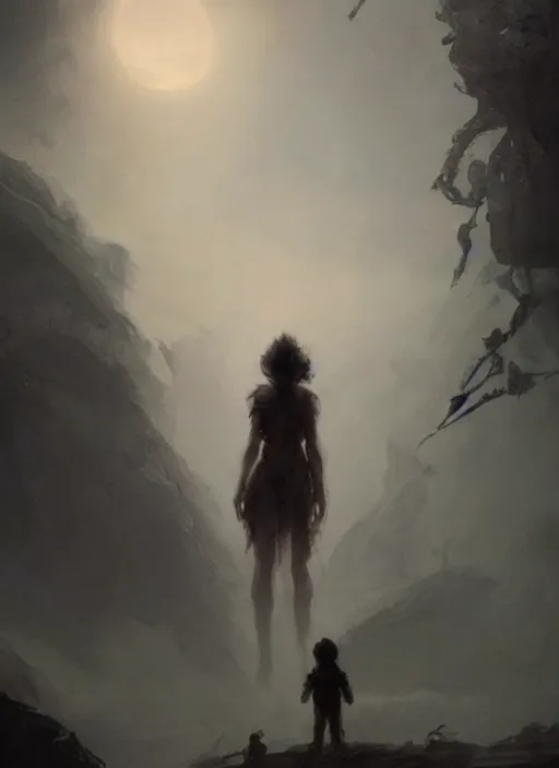 Image similar to a beautiful terrifying pale humanoid giant looms over a tiny human. ethereal fantasy art by greg rutkowski