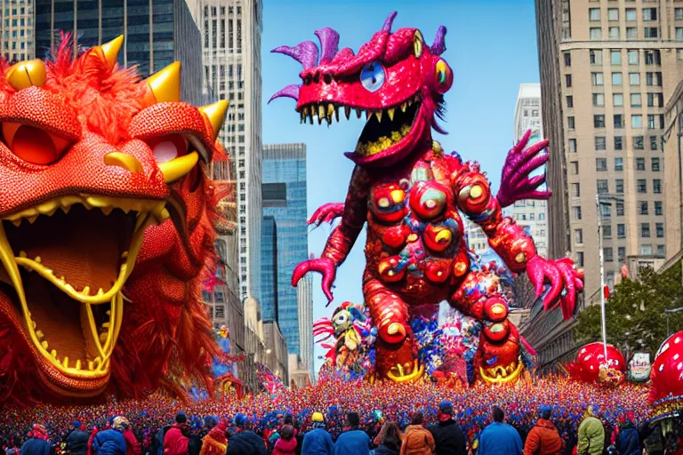 Image similar to photo of giant beautiful elaborate parade float monster designed by greg rutowski and geof darrow, in the macys parade, detailed 4 k photo, gigapixel, hyperdetailed