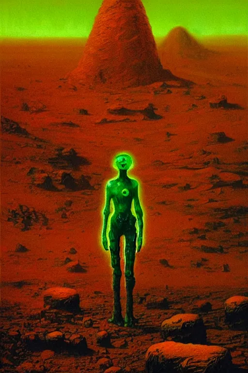 Prompt: glowing green alien crystals irradiating zombie infested, orange and red martian wasteland, survival post - apocalyptic, curiosity rover, beksinski, dark sci - fi