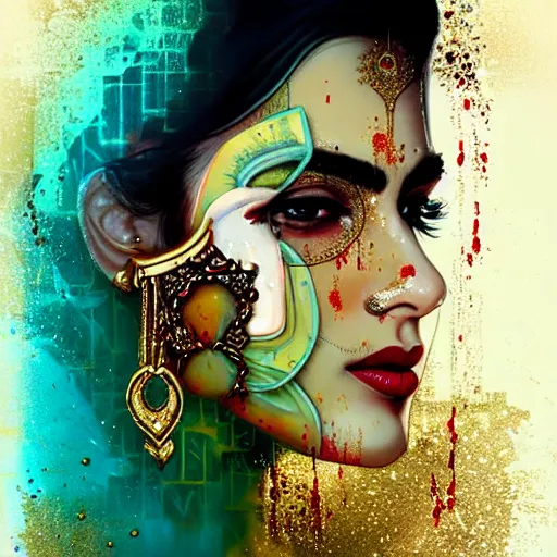 Prompt: portrait of pakistani woman :: side profile :: in ocean :: clockwork details :: gold :: blood and horror :: by vikings and Sandra Chevrier