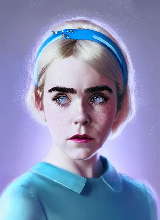 Image similar to portrait of kiernan shipka with freckles, white hair, 1 9 6 0 s bob hairstyle with bangs and hairband, blue 1 9 6 0 s dress, intricate, elegant, glowing lights, highly detailed, digital painting, artstation, concept art, smooth, sharp focus, illustration, art by wlop, mars ravelo and greg rutkowski