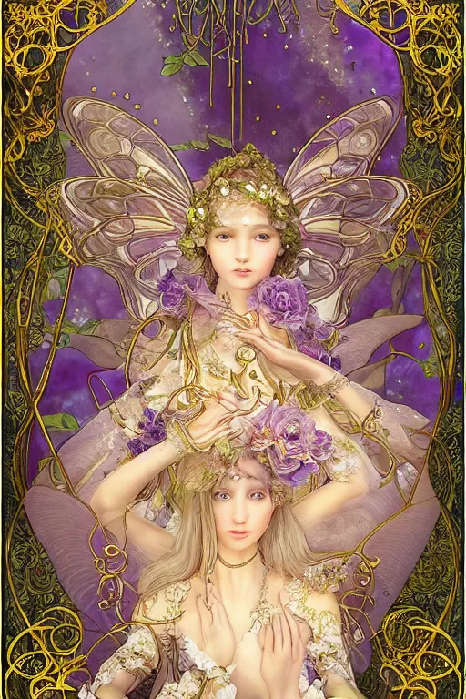 Prompt: breathtaking intricate detailed soft painting of a fairy princess with amethyst jewels in a soft moonlight forest, golden rose dress floating around, detailed symmetrical facial features, by Ayami kojima, loputyn and matcha, art nouveau gold stained glass windows, 8k, concept art, matte, sharp focus, rembrandt style