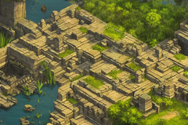 Prompt: ancient city, lake, plants, isometric art, isometric illustration, artstation, highly detailed, post processing, cinematic lighting + masterpiece